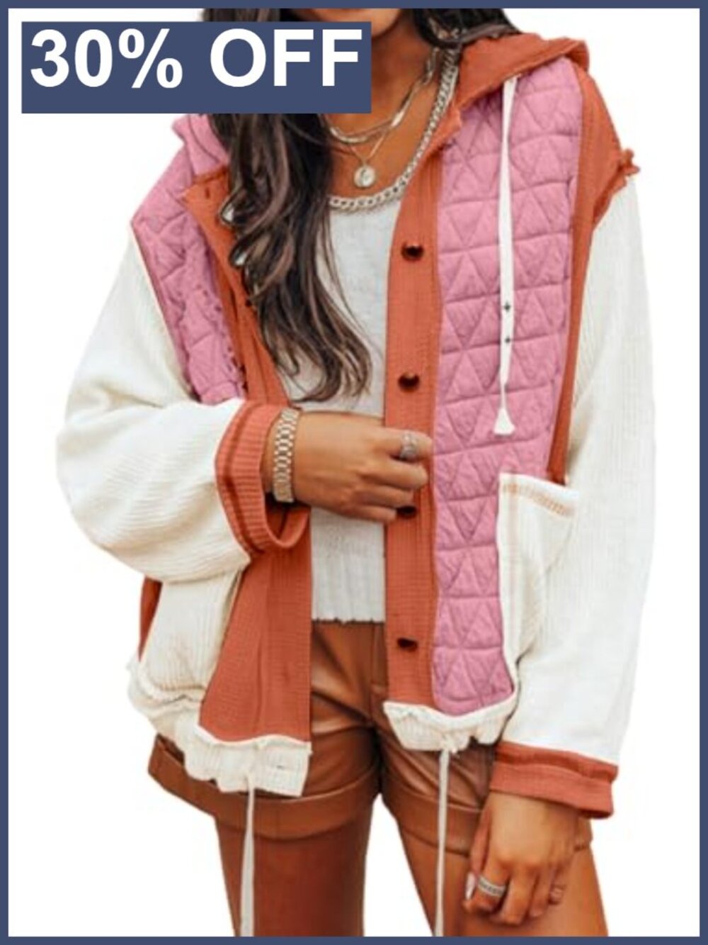 Womens Quilted Patchwork Hooded Shacket Loose Fit Jacket